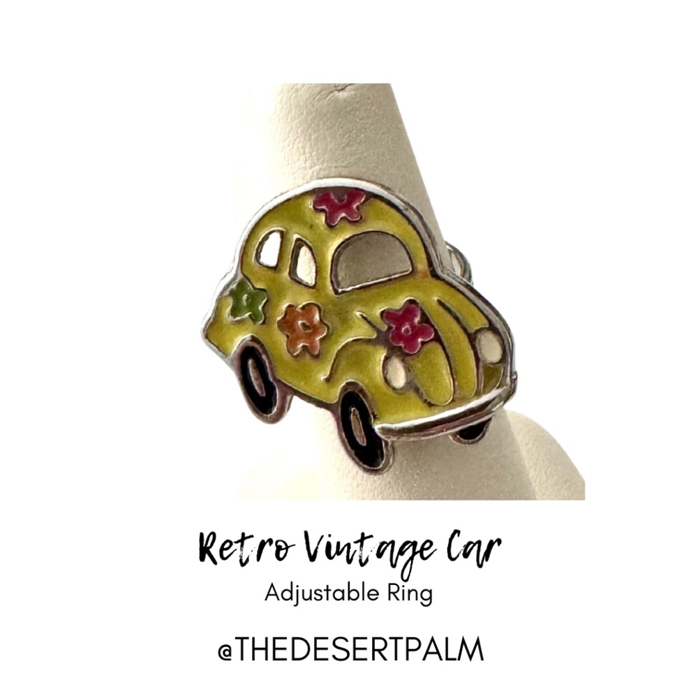 Flower Power Car Ring 🌼 | Retro Enamel Yellow Bug Statement Ring